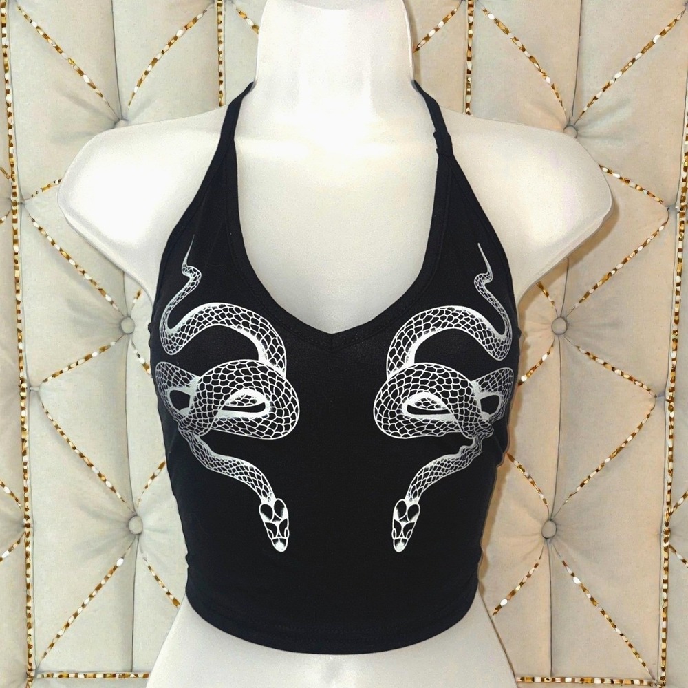 New Small Black Halter Crop Top Snake Print Gothic Grunge Festival Slytherin